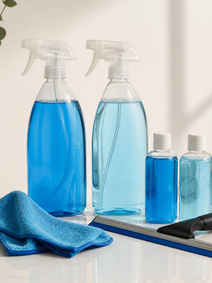 Unbranded blue glass and multi-surface cleaners with microfibre cloth and squeegee
