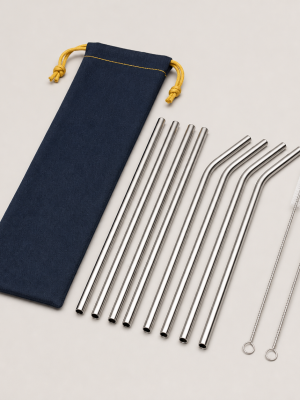 Reusable stainless-steel drinking straws with cleaning brushes and pouch