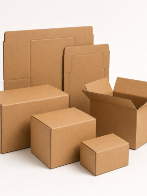 Assorted unprinted natural kraft corrugated stock shipping boxes