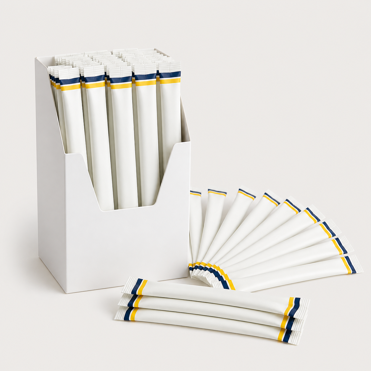 Individually portioned paper sugar sticks in a countertop carton