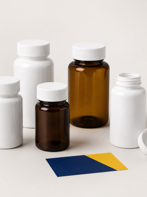Empty white and amber plastic tablet bottles with screw caps