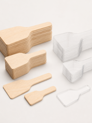 Mini disposable birchwood and clear plastic tasting paddles