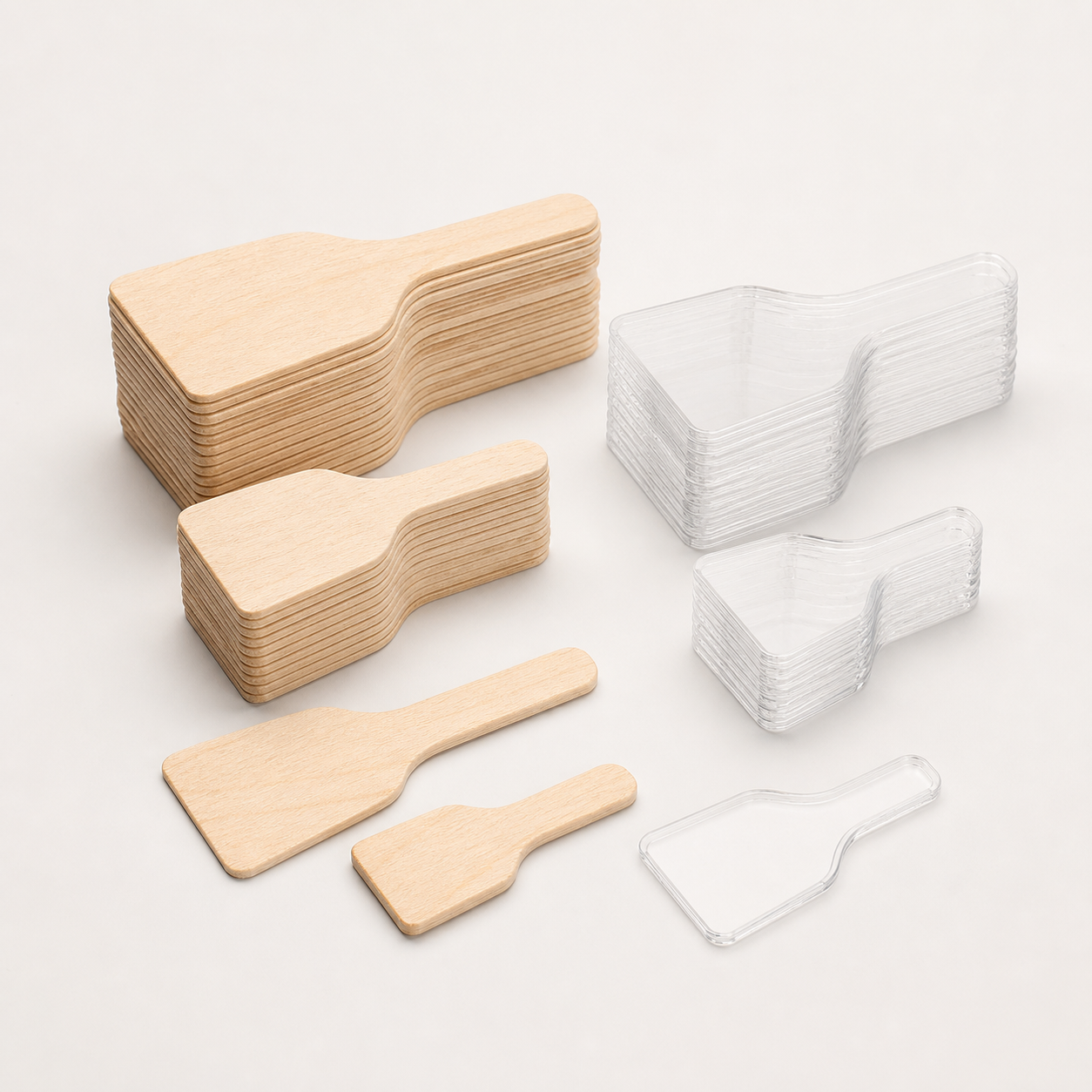 Mini disposable birchwood and clear plastic tasting paddles