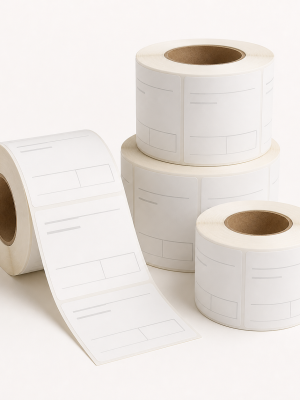 White direct-thermal retail weighing-scale labels supplied on rolls
