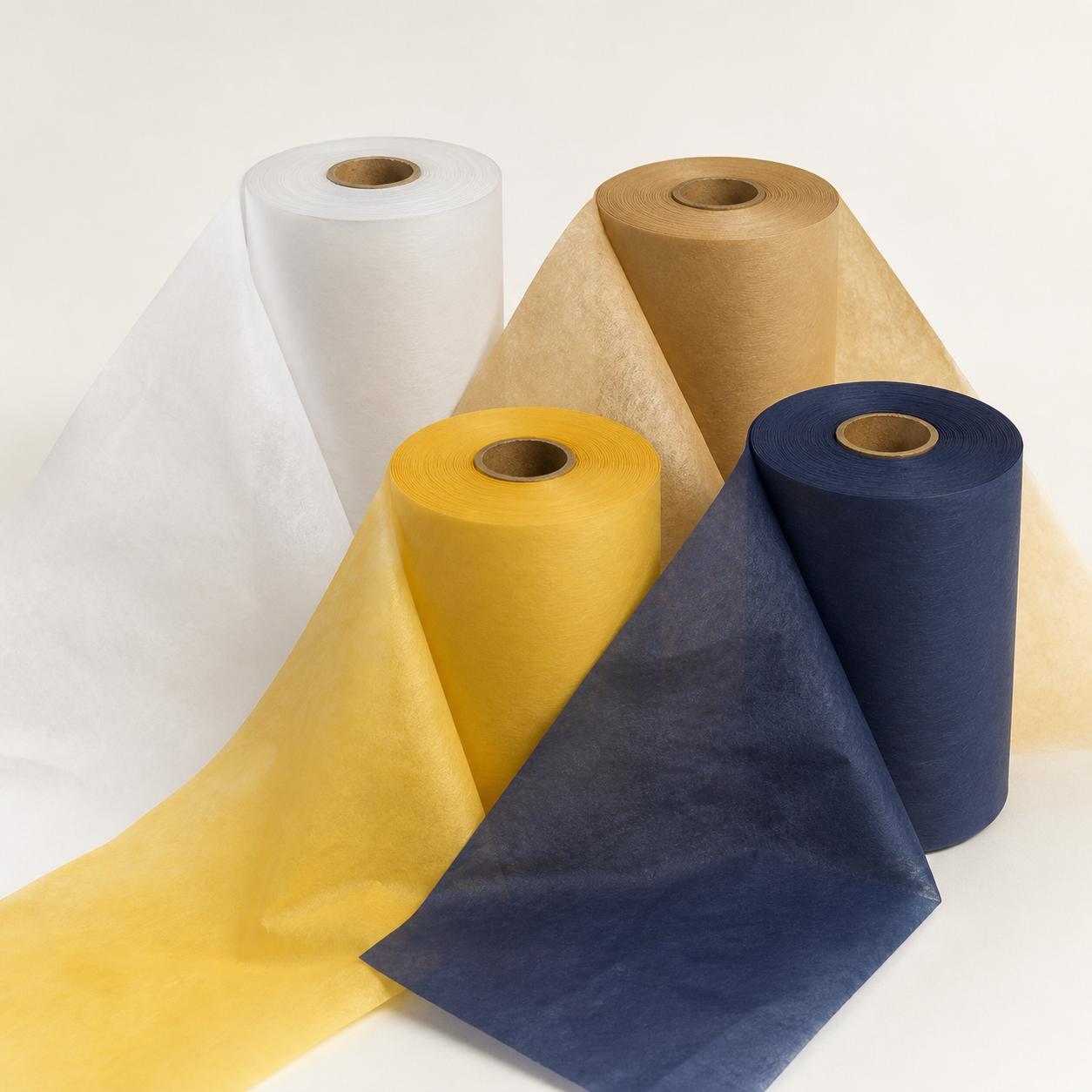 Thin tissue paper rolls in assorted colours on cardboard cores