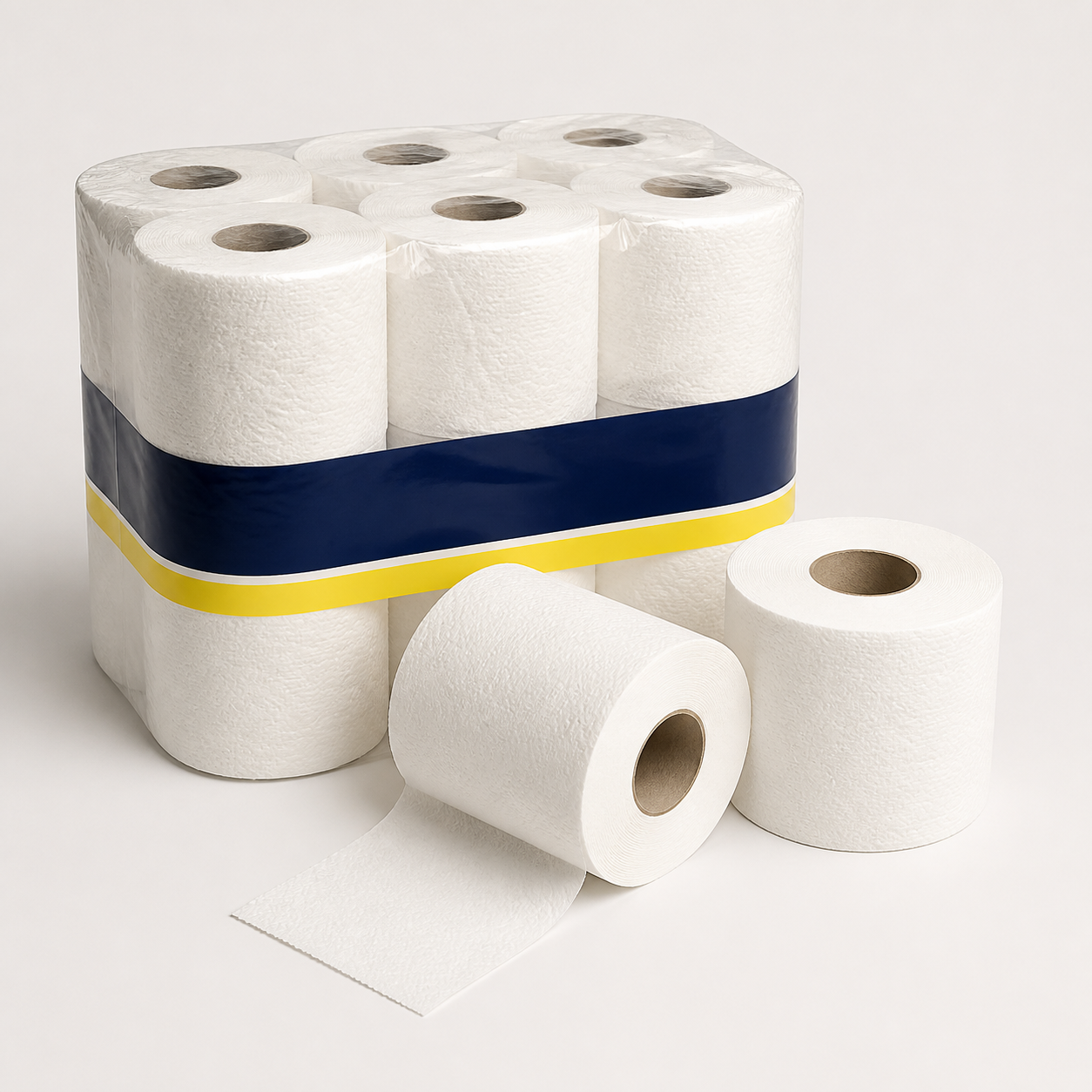 White embossed household toilet paper rolls