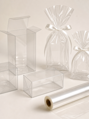 Clear acetate boxes cellophane bags and transparent wrapping film