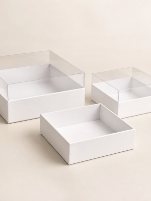 Matte white gift boxes with clear fitted PVC lids