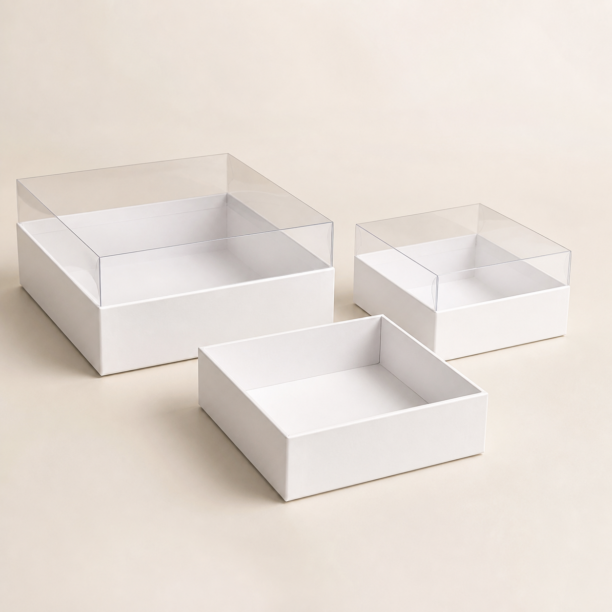 Matte white gift boxes with clear fitted PVC lids