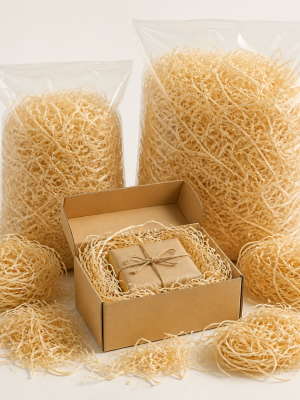 Natural wood wool packaging filler in bulk bags and gift box