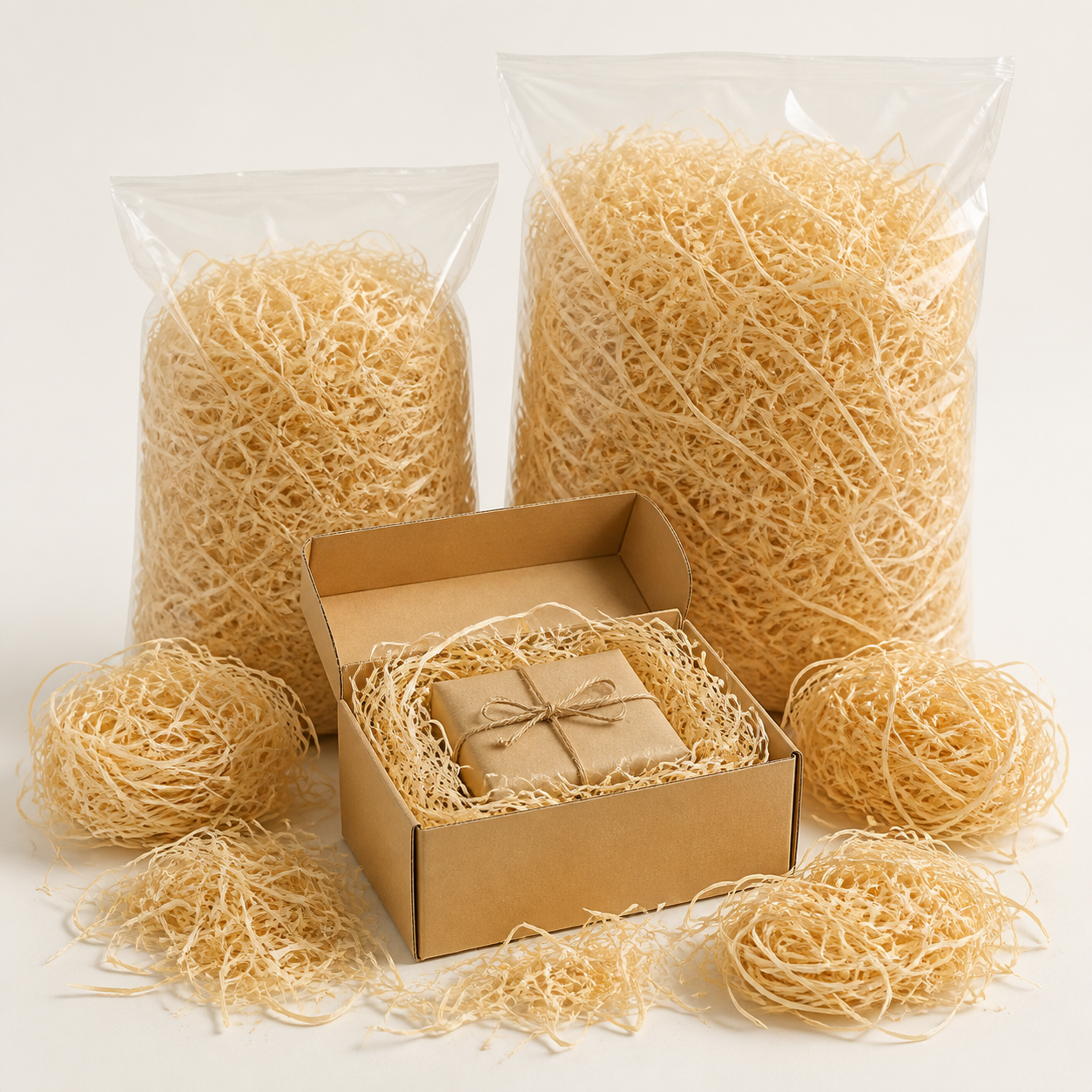 Natural wood wool packaging filler in bulk bags and gift box