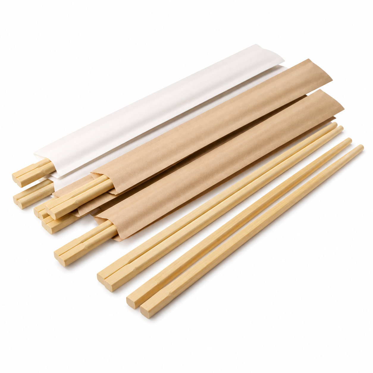 Disposable natural bamboo chopsticks loose and in plain paper sleeves