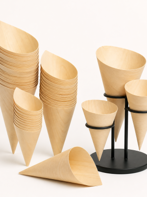 Nested disposable natural birchwood food serving cones in assorted sizes