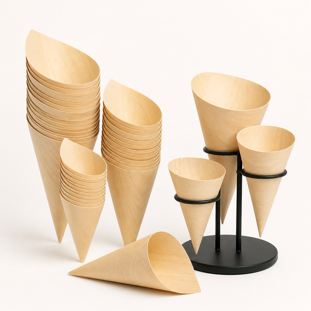 Nested disposable natural birchwood food serving cones in assorted sizes