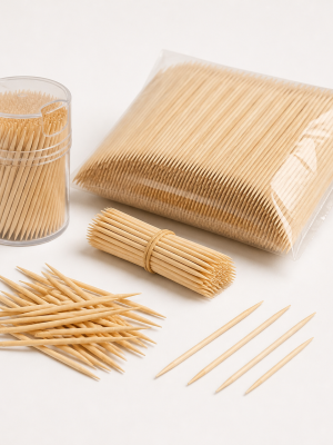 Plain natural wooden toothpicks in dispenser bundle and bulk packet