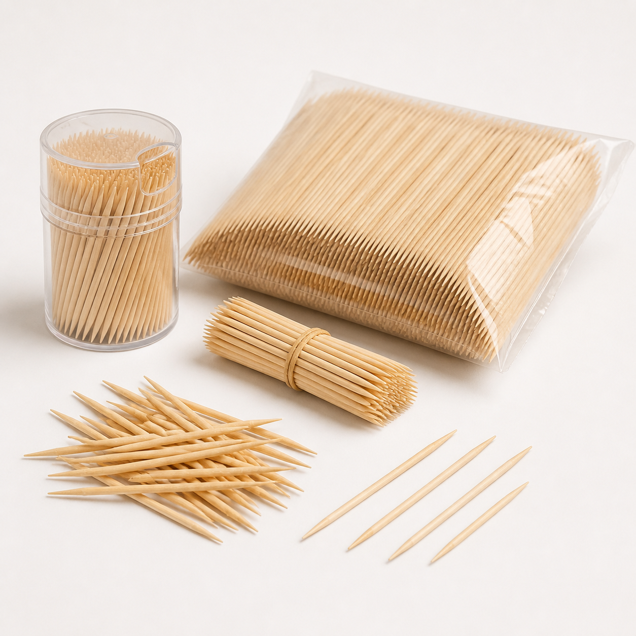 Plain natural wooden toothpicks in dispenser bundle and bulk packet